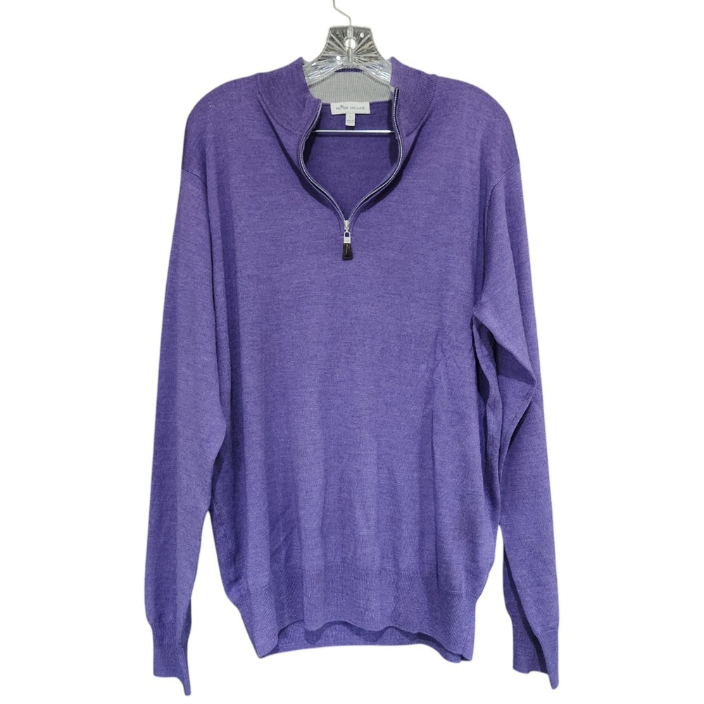 Peter Millar Men's L Merino Wool Silk Quarter Zip Sweater Purple New Flaw
